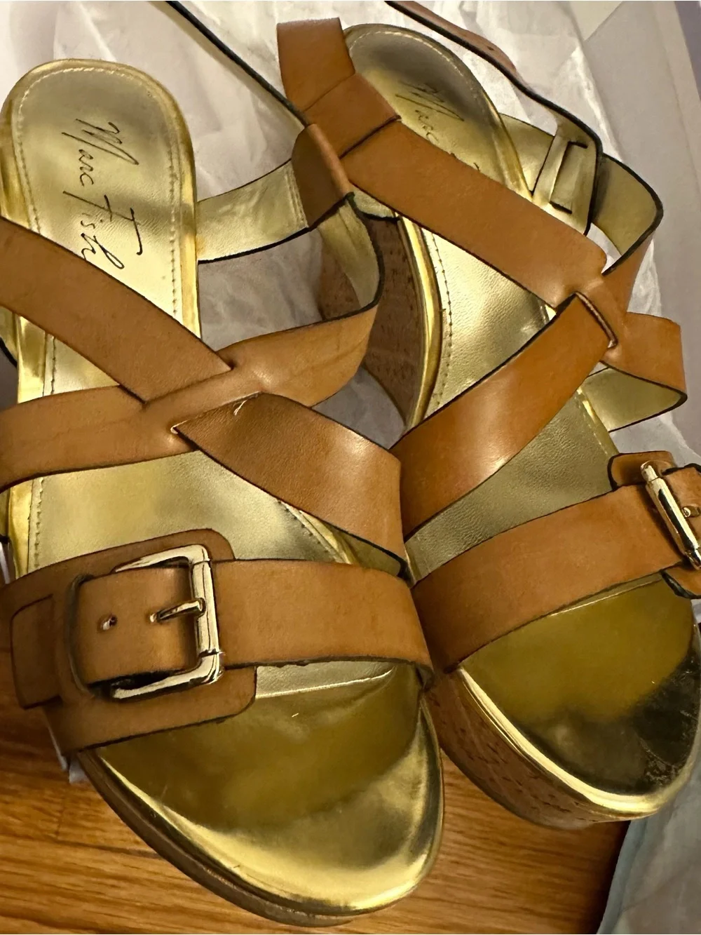 Marc Fisher Brown Leather Cross-Strap Wedge Sandals with Gold Footbed